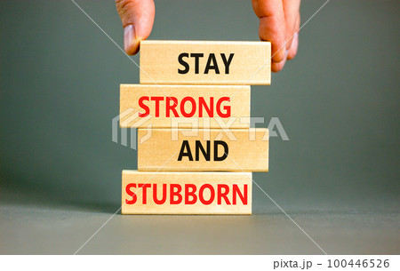 Stay strong and stubborn symbol. Concept words Stay strong and stubborn on wooden block. Beautiful grey table grey background. Motivational business stay strong and stubborn concept. Copy space. 100446526