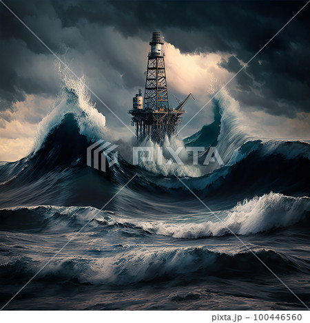 Oil derrick, platform in the ocean sea, close-up, waves Oil derrick, platform in the ocean sea, close-up, waves 100446560