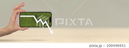 Recession and economic crisis.The hand holds the phone, on the screen there is a percentage symbol and arrow of the graph of the collapse of the financial market. Concept of bankruptcy or recession. 100446931