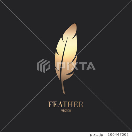 Vector Fluffy Golden Color Feather Logo Icon, Silhouette Feather Closeup Isolated. Design Template of Flamingo, Angel, Bird Feather. Lightness, Freedom Concept 100447002