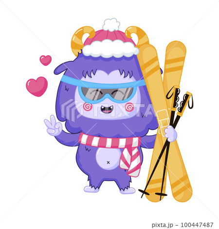 Funny Yeti mascot character skiing, winter sport outdoor activity Funny Yeti mascot character skiing, winter sport outdoor activity 100447487