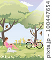 a woman sitting under a tree reading a book There is a dog and a bicycle in the front. 100447654