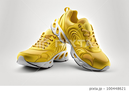 Flying yellow leather womens sneaker isolated on white background. Illustration AI Generative 100448621