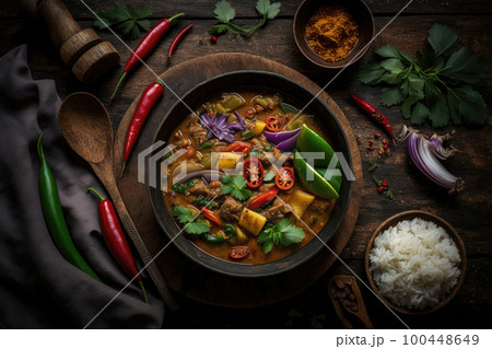 Spicy thai curry with pork meat serving with rice Illustration AI Generative 100448649