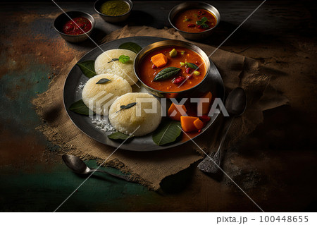 Idli sambar or Idli with sambhar and green red chutney Illustration AI Generative 100448655