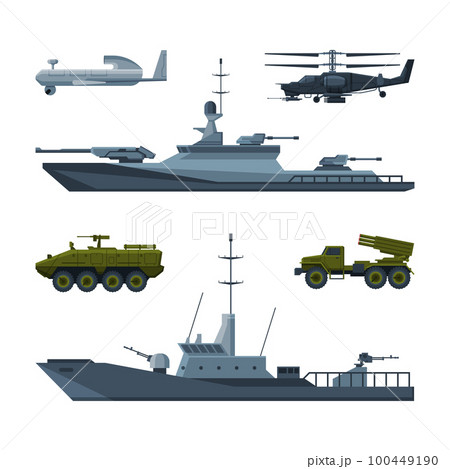 Aircraft and Marine Military Vehicle or Transport Equipment Vector Set 100449190