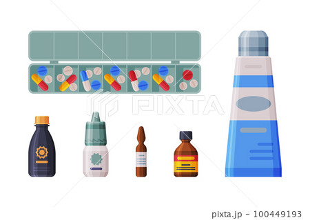 Medicine and Medication in Vial as Pharmacy Product Vector Set 100449193
