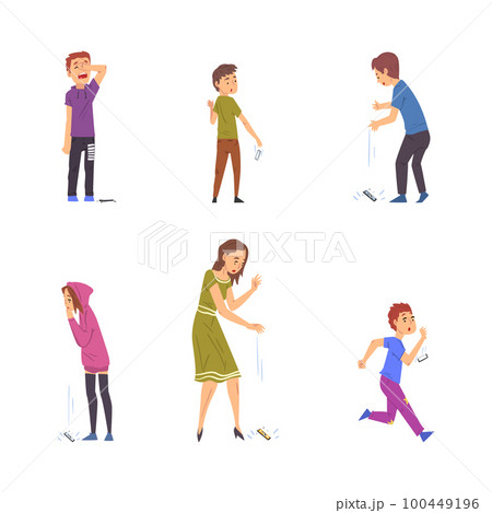 Young Woman and Kids Dropping Their Smartphone by Accident Vector Set 100449196