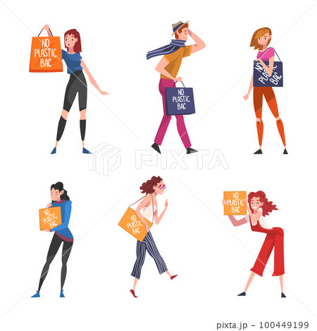 People Character with Bag and Placard with No Plastic Bag Inscription Vector Set 100449199
