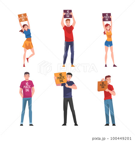People Character with Bag and Placard with No Plastic Bag Inscription Vector Set 100449201