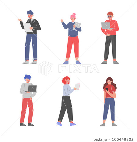 Young Business Man and Woman with Laptop and Smartphone Vector Set 100449202