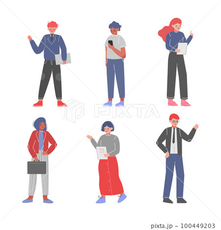 Young Business Man and Woman with Smartphone and Briefcase Vector Set 100449203