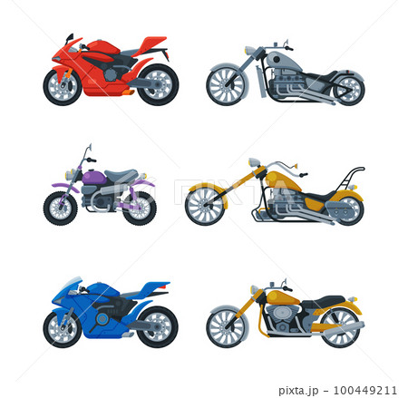 Motorcycle or Motorbike Type as Two-wheeled Motor Vehicle Side View Vector Set 100449211