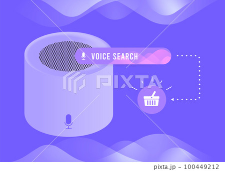 Shopping via smart speakers e-commerce business concept. Voice search digital marketing ecommerce strategy. Sound recognition illustration with smart speaker, search bar and add to basket icon 100449212
