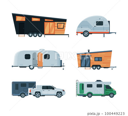 Caravan or Travel Trailer as Towed Behind Road Vehicle Side View Vector Set 100449223