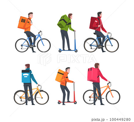 Food Delivery Courier Service with Man on Scooter and Bicycle Carrying Bag Vector Set Food Delivery Courier Service with Man on Scooter and Bicycle Carrying Bag Vector Set 100449280