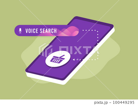 Voice Search shopping e-commerce business concept. Voice-enabled speech recognition search digital marketing strategy. Sound recognition illustration with search bar, smartphone and add to basket icon 100449295
