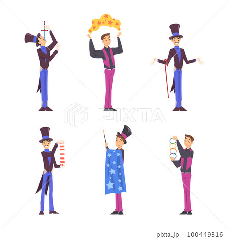 Man Magician with Top Hat Performing Different Magic Tricks on Stage Vector Set 100449316