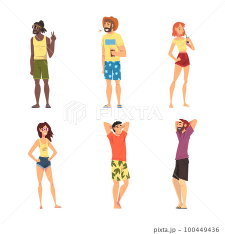 Relaxed People Character in Standing Enjoying Hot Summer Vector Set 100449436