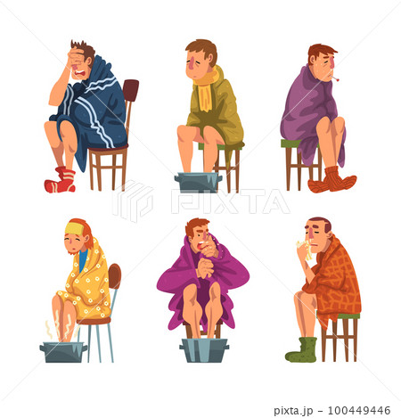 Sick Man and Woman Sitting on Chair Wrapped in Blanket Warming Legs in Basin Vector Set 100449446