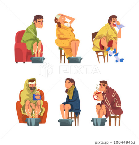Sick Man and Woman Sitting on Chair Wrapped in Blanket Warming Legs in Basin Vector Set 100449452