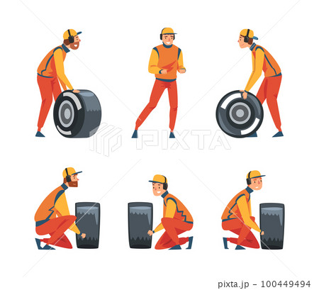 Pit Stop Crew Member Changing Tire Wheel Engaged in Maintenance of Racing Car Vector Set 100449494