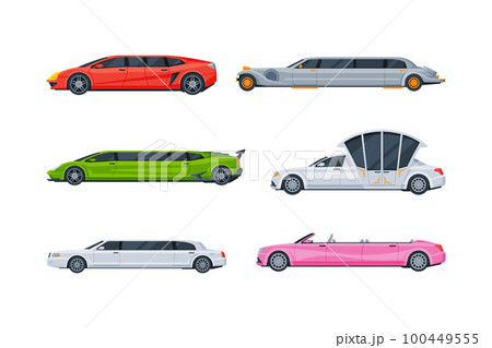 Limousine as Long Wheelbase Luxury Urban Transport Vector Set Limousine as Long Wheelbase Luxury Urban Transport Vector Set 100449555