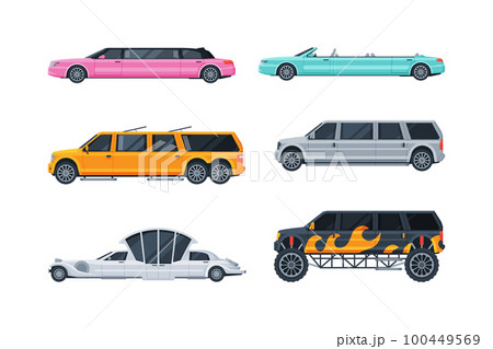 Limousine as Long Wheelbase Luxury Urban Transport Vector Set Limousine as Long Wheelbase Luxury Urban Transport Vector Set 100449569