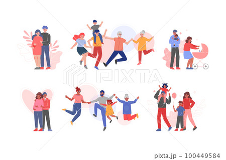 Happy Family with Young Parent Spending Time Together with Their Son and Daughter Vector Set 100449584