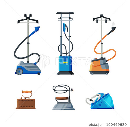 Clothes Steamer Rack and Old-fashioned Iron for Removing Wrinkles from Garment and Fabric with High Temperature Steam Vector Set 100449620