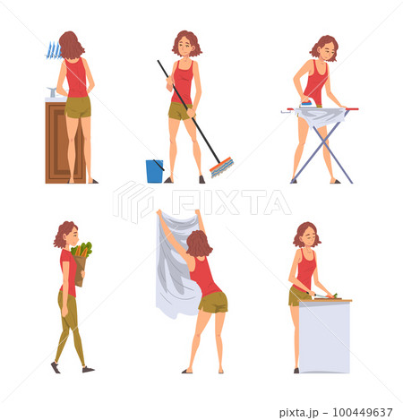 Woman Housewife Doing Domestic Chores Vector Set 100449637