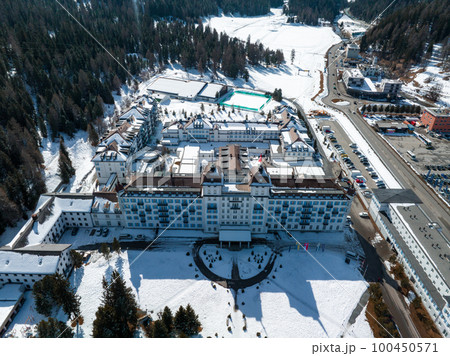 Aerial winter view of the worldwide famous ski resort of St. Moritz, Graubunden, Switzerland 100450571