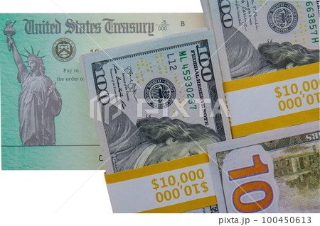 Background of USD hundred dollar bills showing 10,000 dollar bank straps and a blank US Treasury check mock up.  100450613