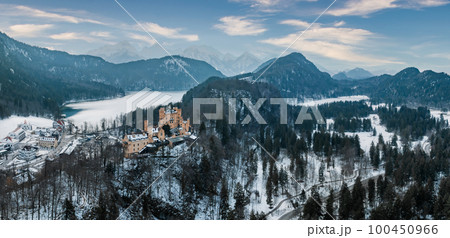 An aerial view of the Hohenschwangau Castle surrounded by winter forest in Germany. An aerial view of the Hohenschwangau Castle surrounded by winter forest in Germany. 100450966