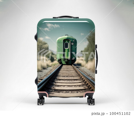 travel suitcase with a painted train on a white background travel suitcase with a painted train on a white background 100451102