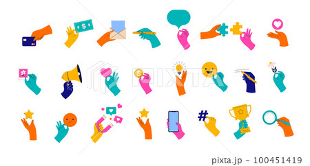 Collection of colorful Hands holding stuff. Money, jigsaw, social media icons, communication and 100451419