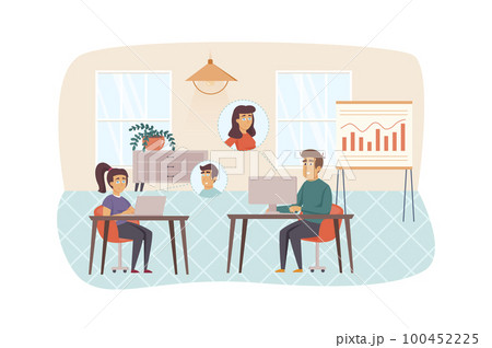 Video conference in office scene. Man and woman make video calls from laptops and communicate with colleagues. Communication technology concept. Vector illustration of people characters in flat design 100452225
