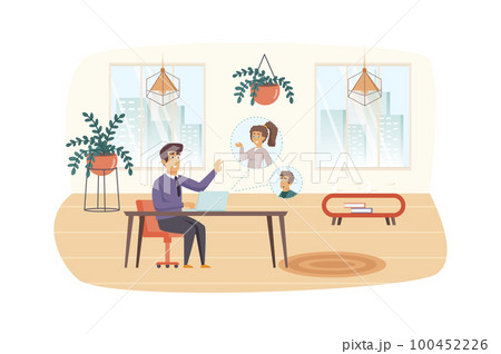 Man talks with colleagues on video conference from home office scene. Businessman communicate online with partners. Video calling work concept. Vector illustration of people characters in flat design 100452226