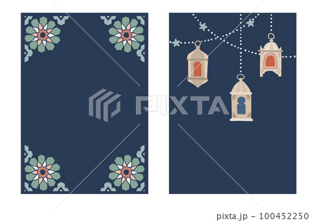 Set of Ramadan Kareem greeting cards, invitations. Hand drawn hanging lanterns and light garlands. Traditional geometric Moroccan star pattern, mosaic decor. Eid el Fitr. Festive web banners. Set of Ramadan Kareem greeting cards, invitations. Hand drawn hanging lanterns and light garlands. Traditional geometric Moroccan star pattern, mosaic decor. Eid el Fitr. Festive web banners. 100452250