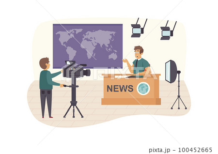 Filming television world news program scene. Operator recording video with man presenter at studio. Journalism, mass media and press concept. Vector illustration of people characters in flat design 100452665
