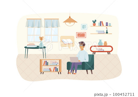 Man watching online course or reading e-book at laptop sitting in living room scene. E-learning, online education, home schooling concept. Vector illustration of people characters in flat design Man watching online course or reading e-book at laptop sitting in living room scene. E-learning, online education, home schooling concept. Vector illustration of people characters in flat design 100452711