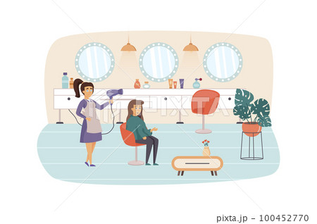Woman visiting Beauty Salon scene. Hairstylist doing haircut and hairstyle for female client. Cosmetology procedures of hair care concept. Vector illustration of people characters in flat design Woman visiting Beauty Salon scene. Hairstylist doing haircut and hairstyle for female client. Cosmetology procedures of hair care concept. Vector illustration of people characters in flat design 100452770