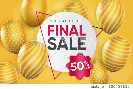 3d poster of Final Sale realistic design. Promotional flyer template for shop website background. Special offer with to 50 percent off price on label. Vector illustration of advertising web banner 100452839