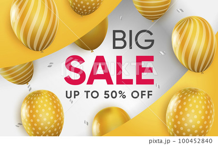 3d poster of Big Sale with to 50 percent off in realistic design. Promotional flyer template for shop website background. Purchases, discount prices. Vector illustration of advertising web banner 100452840