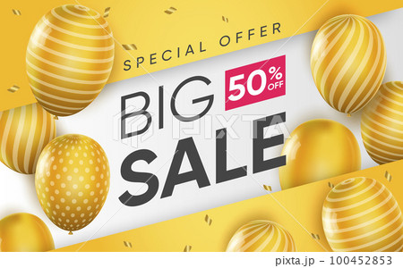 3d poster of Big Sale with Special Offer in realistic design. Discount price to 50 percent off. Flyer template for website background with yellow balloons. Vector illustration advertising web banner 100452853