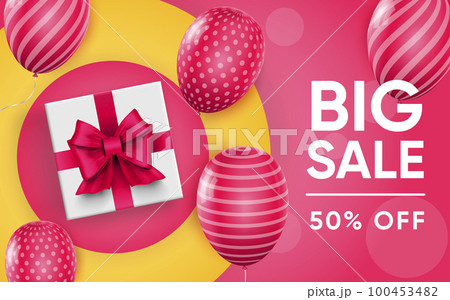 3d poster of Big Sale to 50 percent off with balloons in realistic design. Special offer discount prices website background. Customer loyalty program. Vector illustration of advertising web banner 100453482