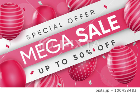 3d poster of Mega Sale up to 50 percent off discount price with pink balloons in realistic design. Special offer for shop website background. Save money. Vector illustration of advertising web banner 100453483