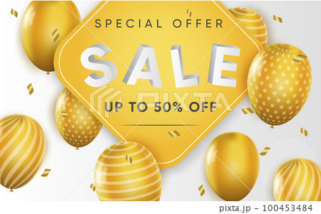 3d poster of Sale up to 50 percent off discount price with yellow balloons in realistic design. Profitable offer for shop website background. Retail. Vector illustration of advertising web banner 100453484