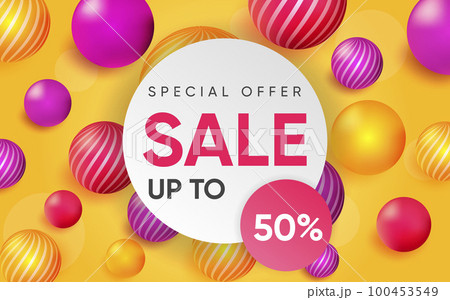 3d poster of Sale realistic design. Special offer up to 50 percent discount prices for shop website background. Shopping, purchases. Promotion concept. Vector illustration of advertising web banner 100453549