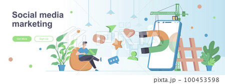 Social media marketing landing page with man. Social network marketing campaign web banner. Attraction of new clients vector illustration. Flat concept 100453598